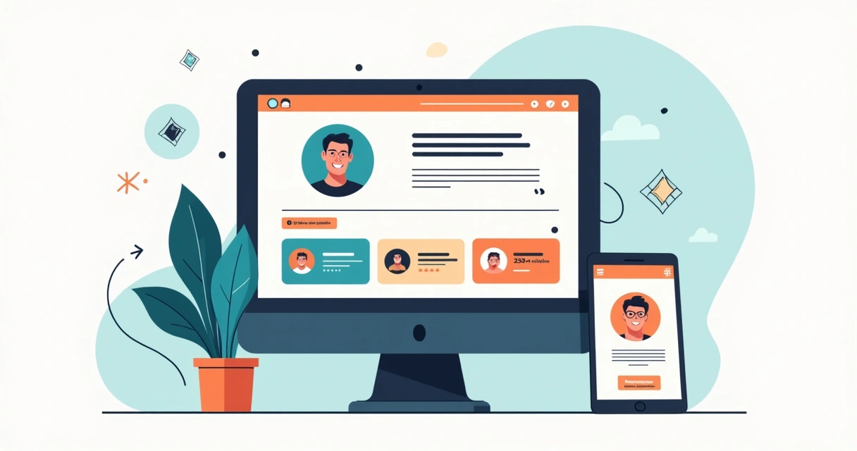 Ilustração de página quem somos com fundador e depoimentos em layout limpo 