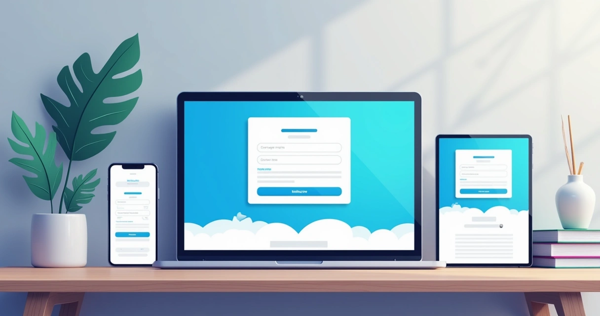 Landing page aberta em notebook, tablet e celular