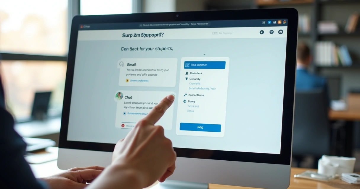 Página de suporte ao aluno de curso online com contatos visíveis 