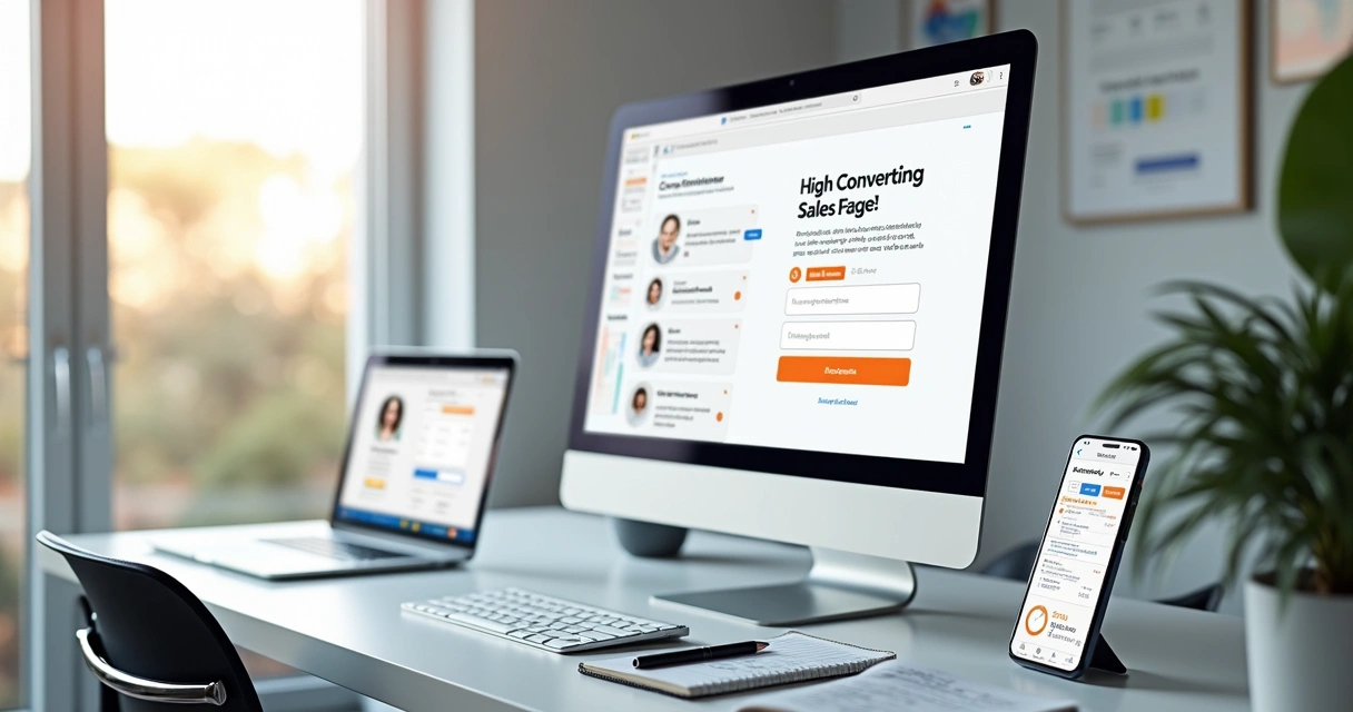 Tela de computador com página de vendas moderna sendo construída em editor visual 