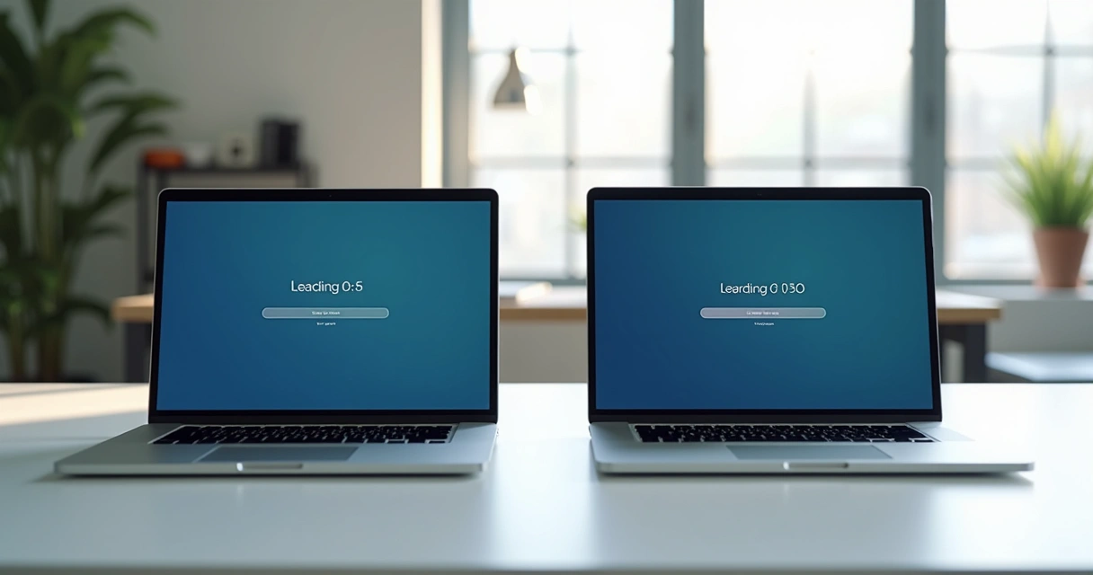 Laptop exibindo página carregando rapidamente em dois dispositivos lado a lado 