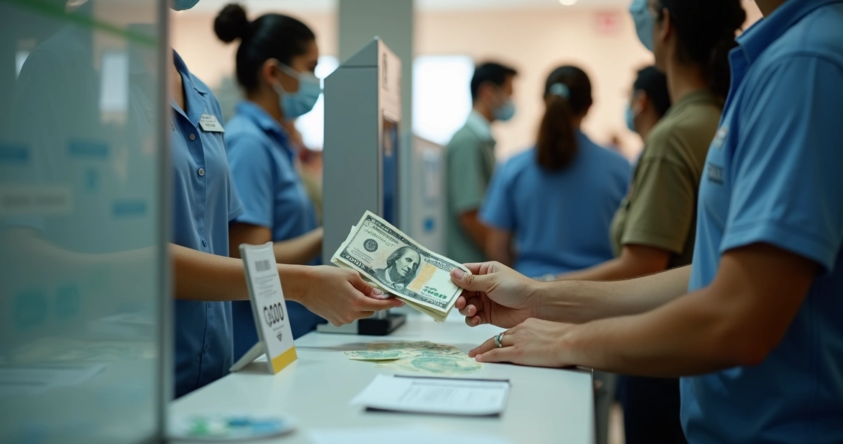 Persona pagando verificación vehicular en mostrador con billetes mexicanos 