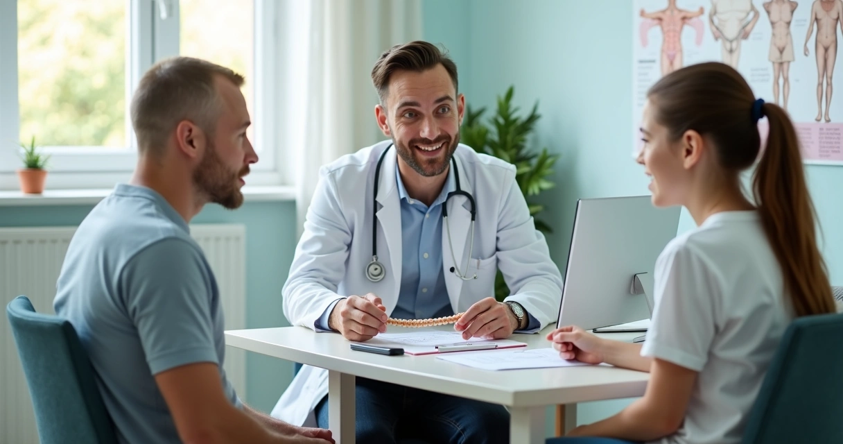 Pai com adolescente conversando com médica que segura orquidômetro em consultório pediátrico 