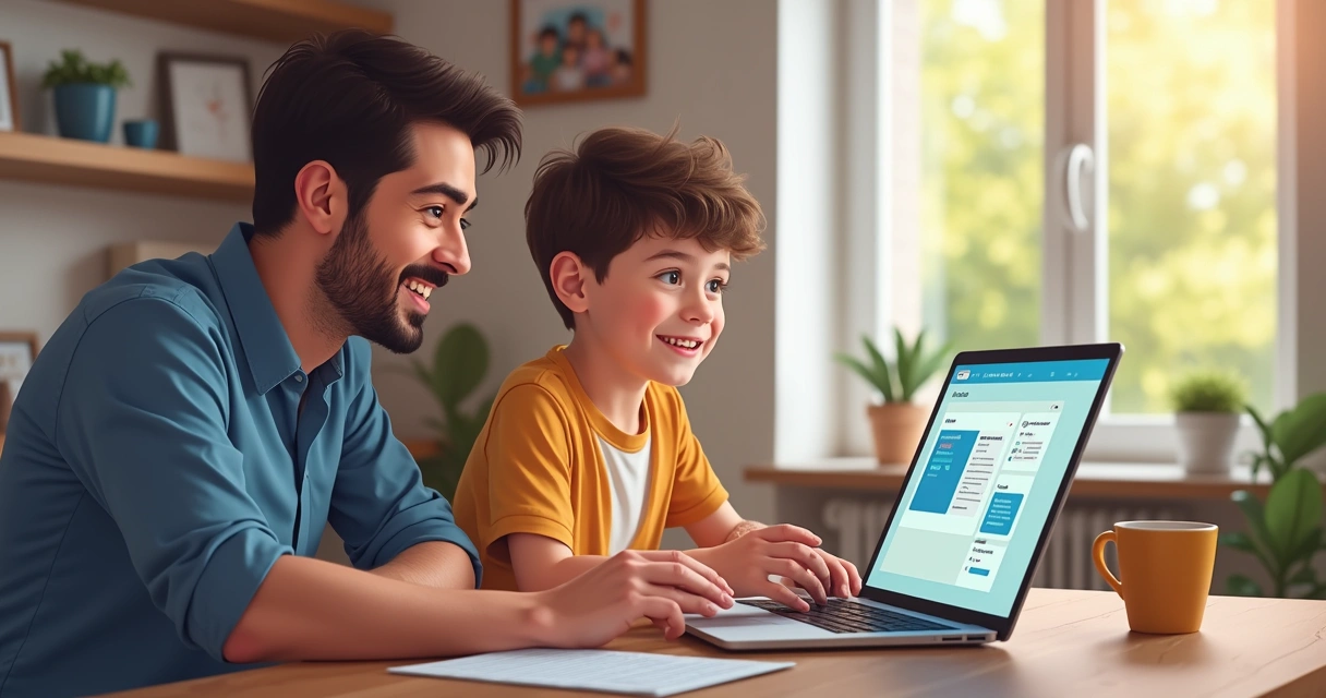 Pai e filho usando juntos o Canva IA no notebook 