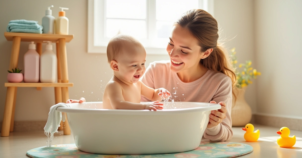 Uma cena carinhosa de um pai banhando o bebê em um banheiro iluminado e acolhedor.