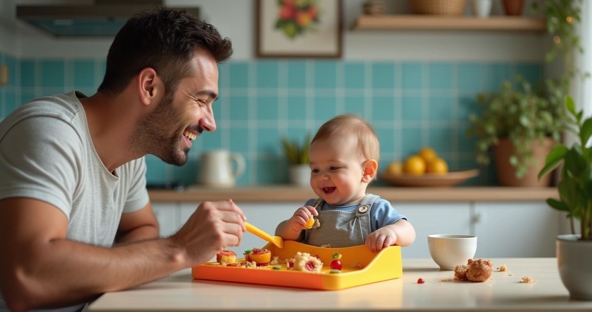 Cenário de pai alimentando bebê em cadeirinha colorida, com comidinhas e ambiente acolhedor na cozinha.