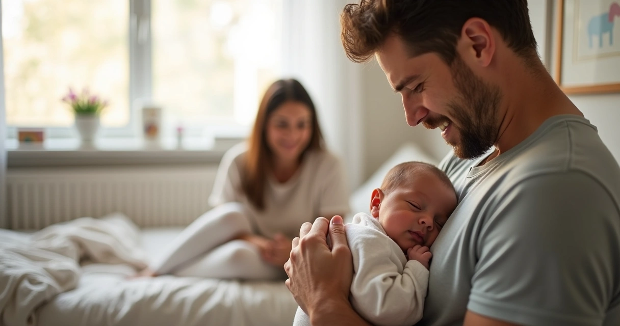 Pai segurando bebê recém-nascido ao lado da mãe em quarto iluminado 