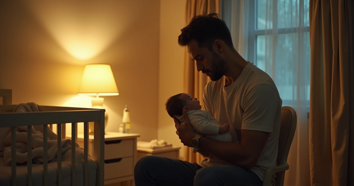 Pai segurando bebê em casa durante a rotina noturna