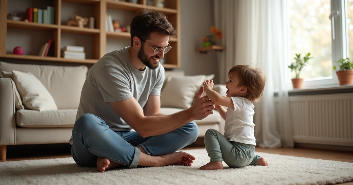 Pai brincando no chão com uma criança em casa 