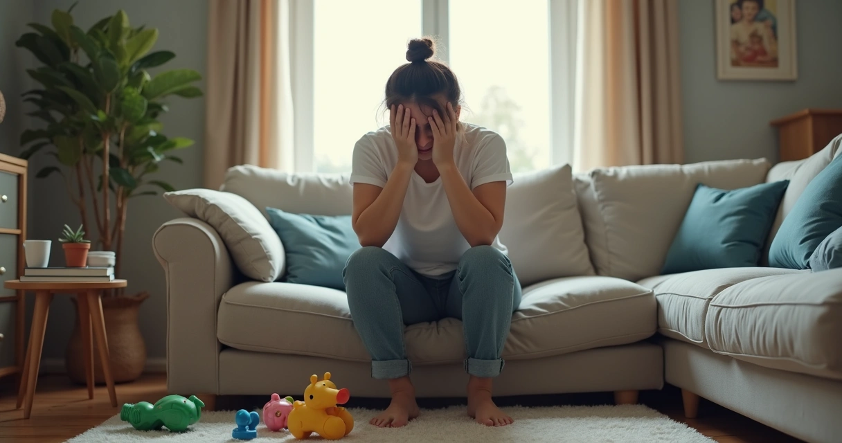 Pai cansado sentado no sofá com brinquedos no chão