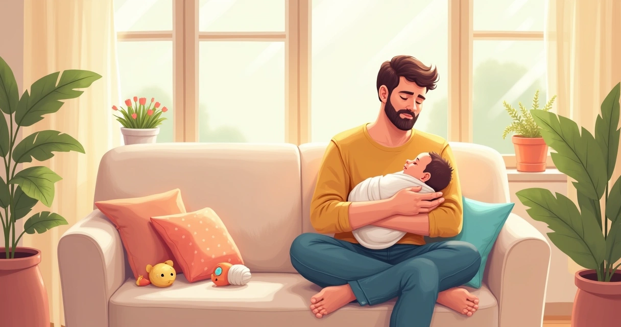 Pai segura recém-nascido no sofá, ambiente doméstico acolhedor 
