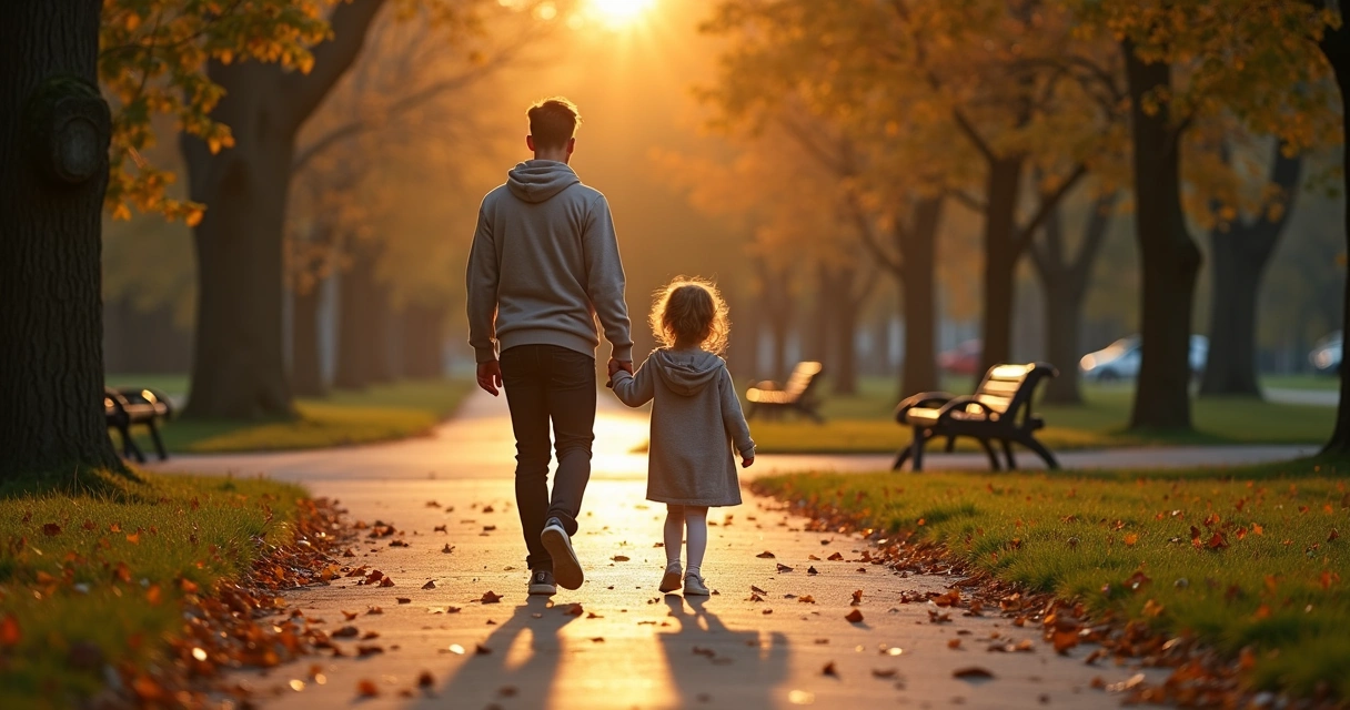 Pai e filha andando de mãos dadas em parque ao entardecer 