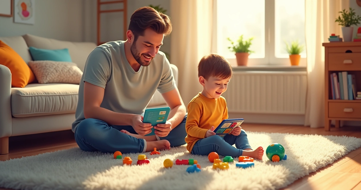 Pai ensina filho usando recursos lúdicos de terapias com ambiente confortável