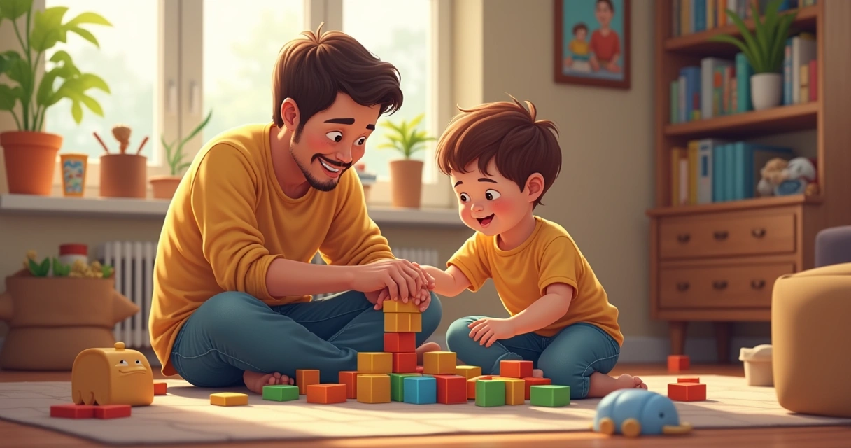 Pai sentado no chão brincando com filho em sala de estar aconchegante 