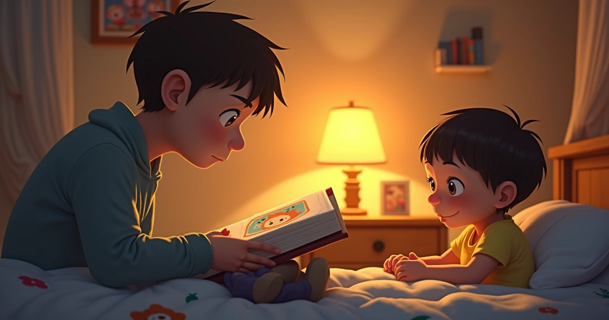 Pai sentado na beira da cama lendo história para seu filho pequeno à noite. 