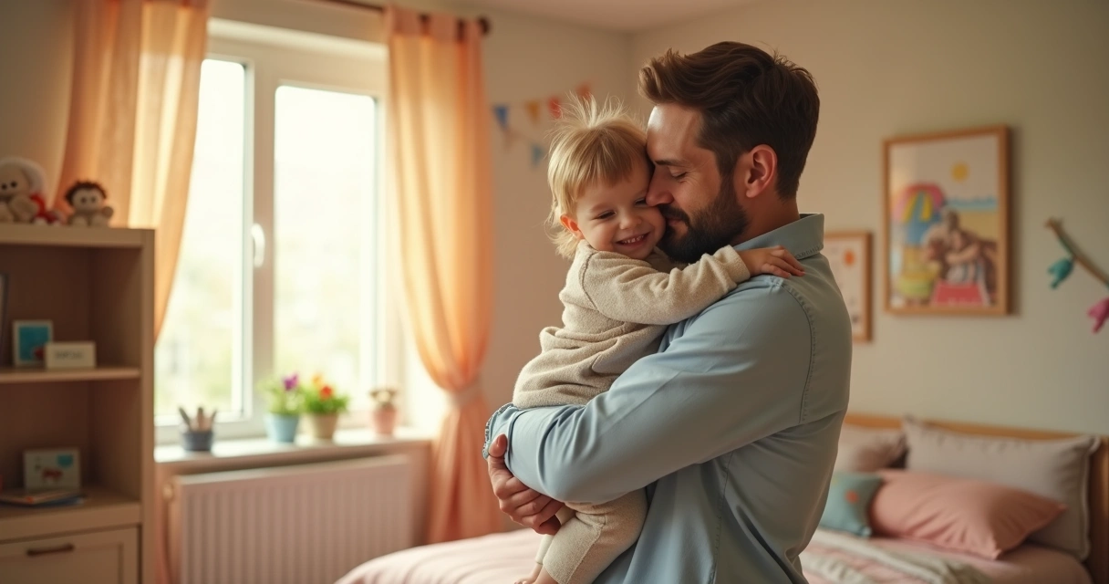 Pai abraçando filho pequeno em momento de conexão afetiva no quarto colorido 