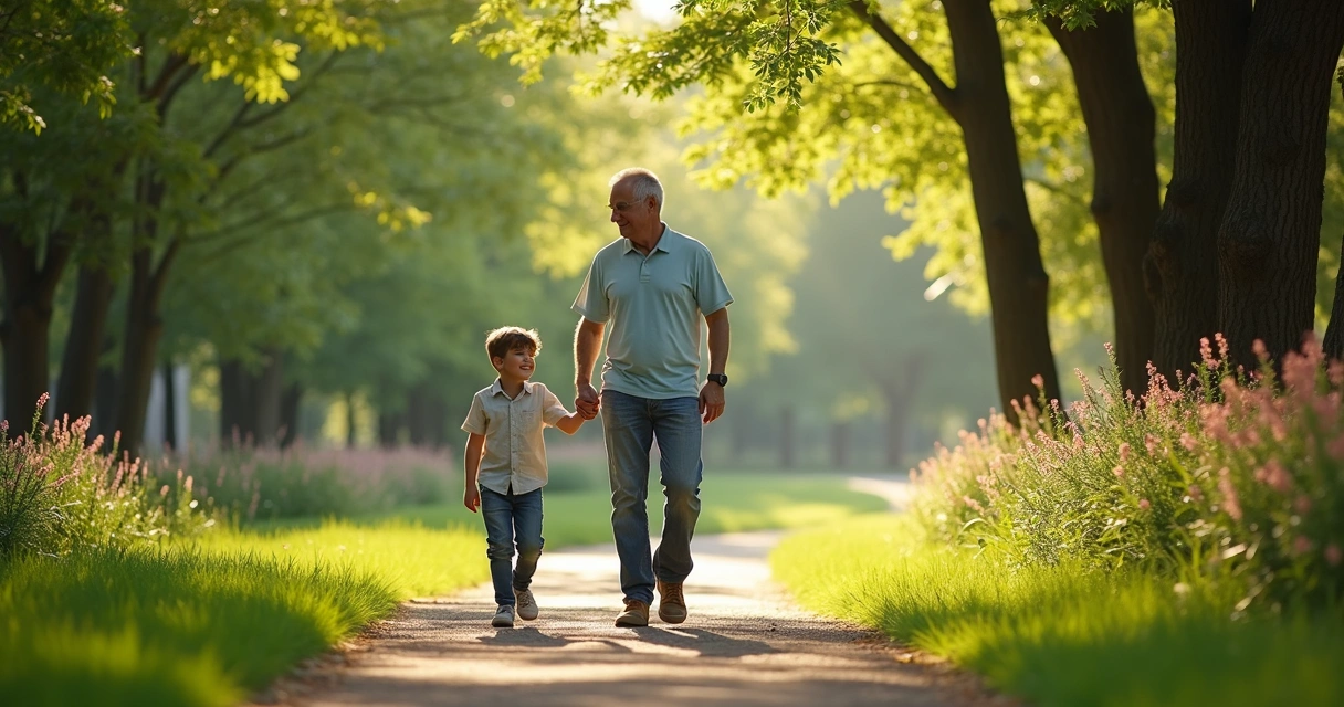 Pai e filho caminhando juntos em parque verde 