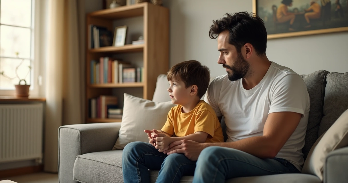 Pai e filho sentados conversando em sala iluminada