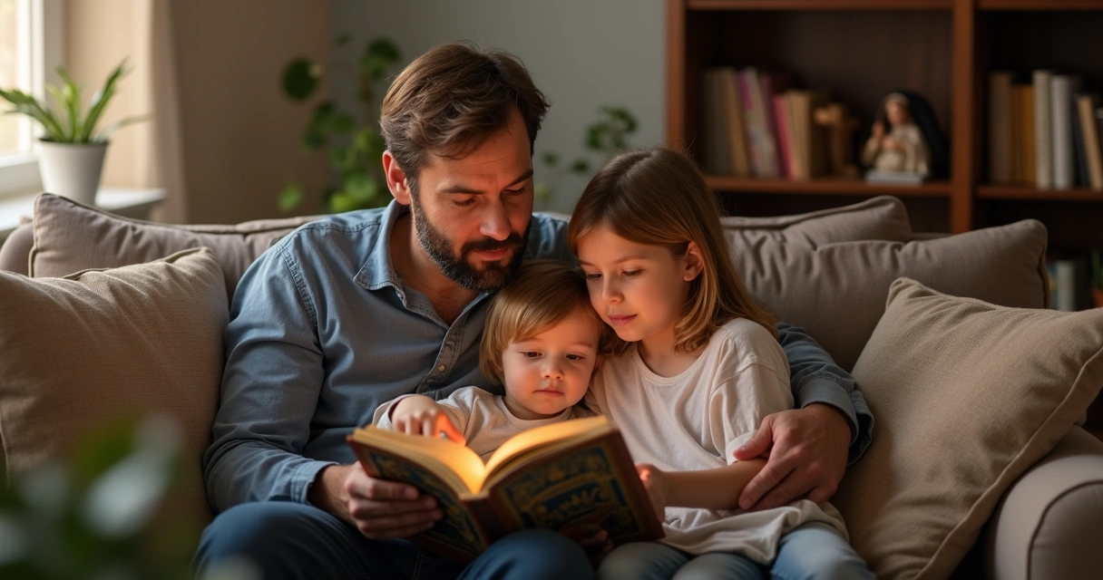 Pai lendo um livro religioso com filhos na sala de casa 