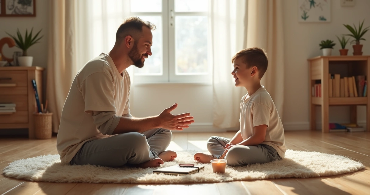 Adulto conversando sobre espiritualidade com criança sentados no chão de forma acolhedora 