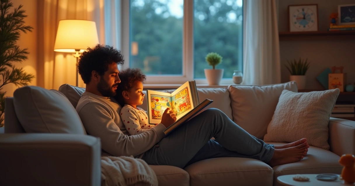 Pai e filha pequena lendo juntas em um sofá ao anoitecer 