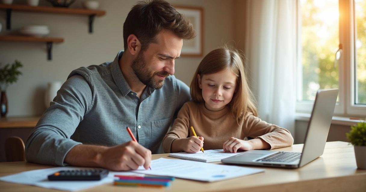Pai e filha planejando finanças em mesa com caderno e calculadora