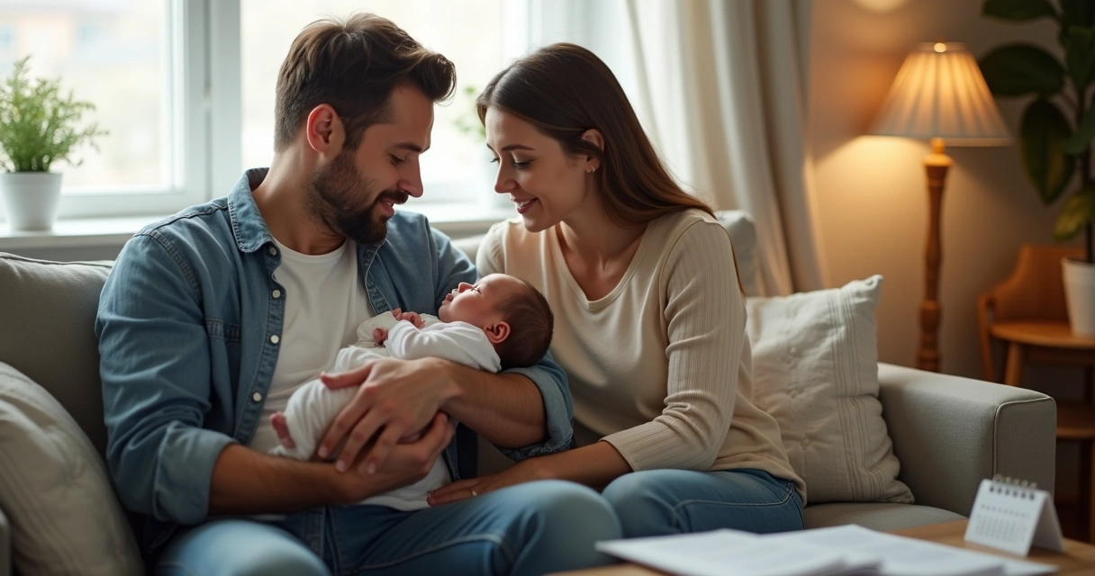 Pai segurando bebê recém-nascido ao lado da mãe em casa 