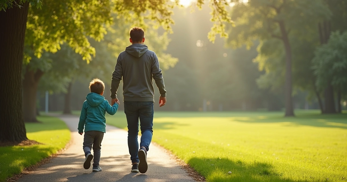 Pai e filho caminham em parque como símbolo de saúde masculina 