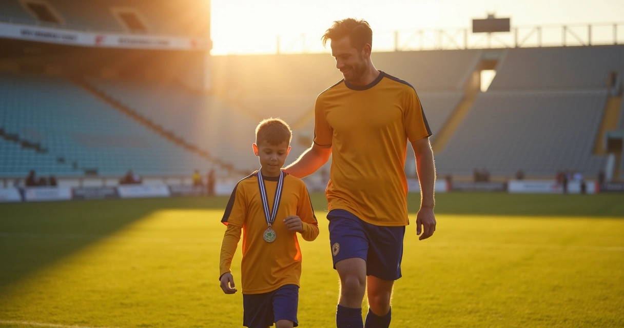 Pai e filho caminhando juntos após jogo de futebol com medalha 