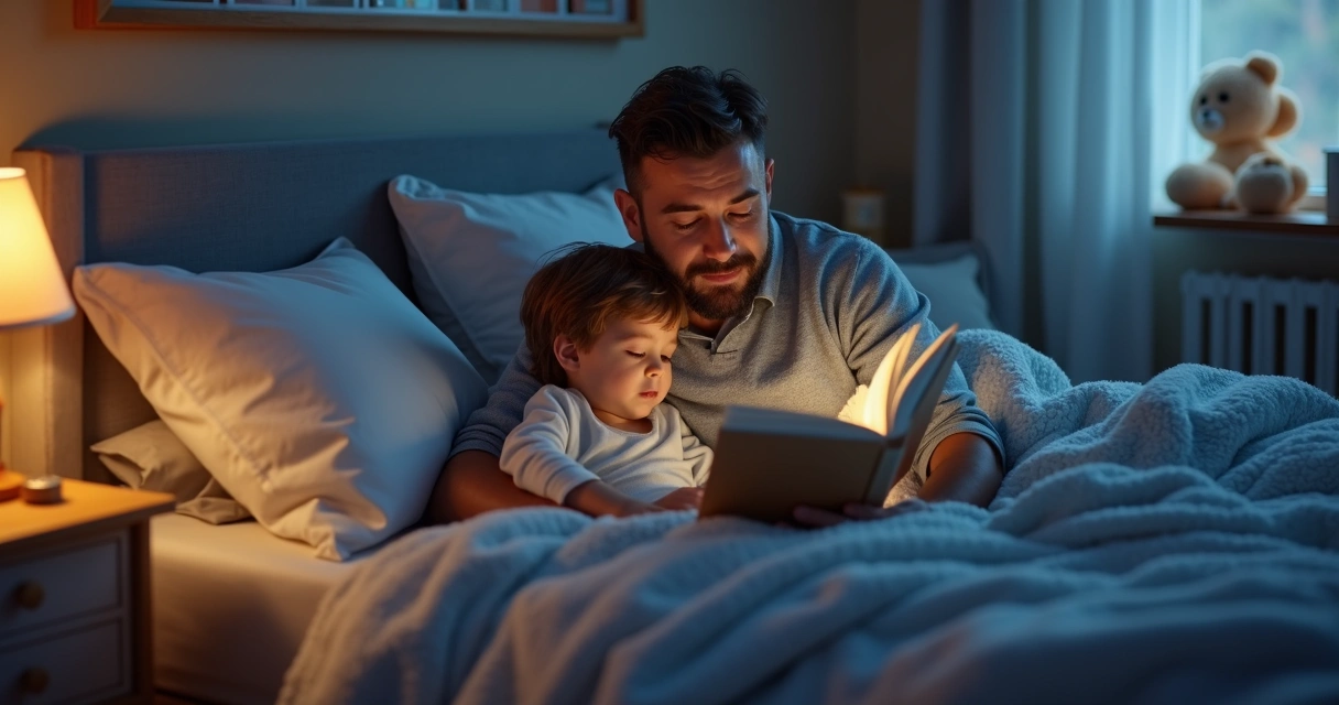 Pai e filho lendo juntos na cama infantil 