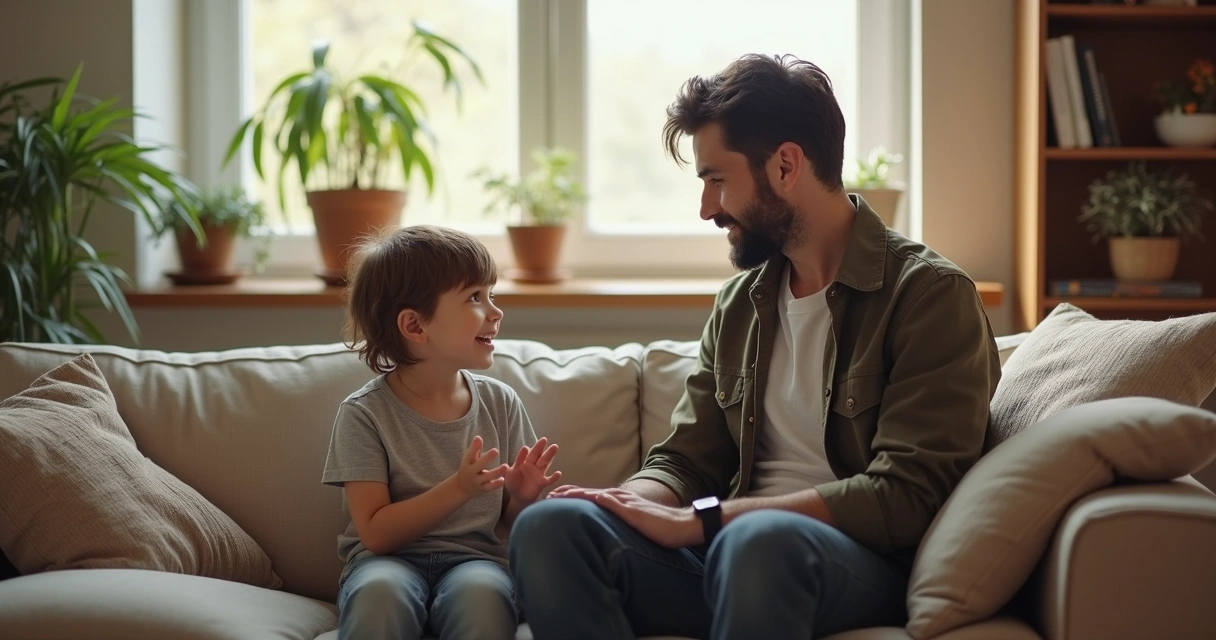 Pai e filho sentados conversando no sofá