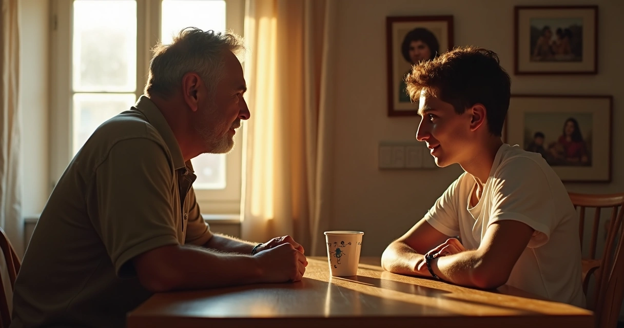 Pai e filho conversando calmamente na mesa de jantar 
