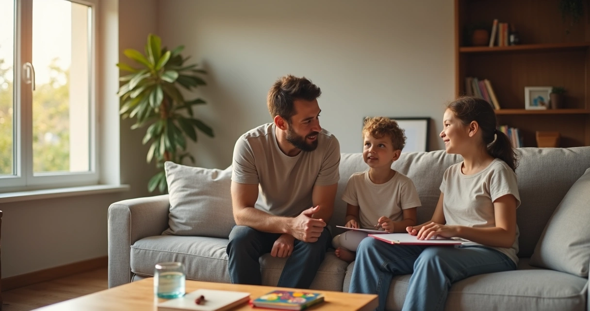 Pai e filho conversando de forma acolhedora sentados no sofá da sala 