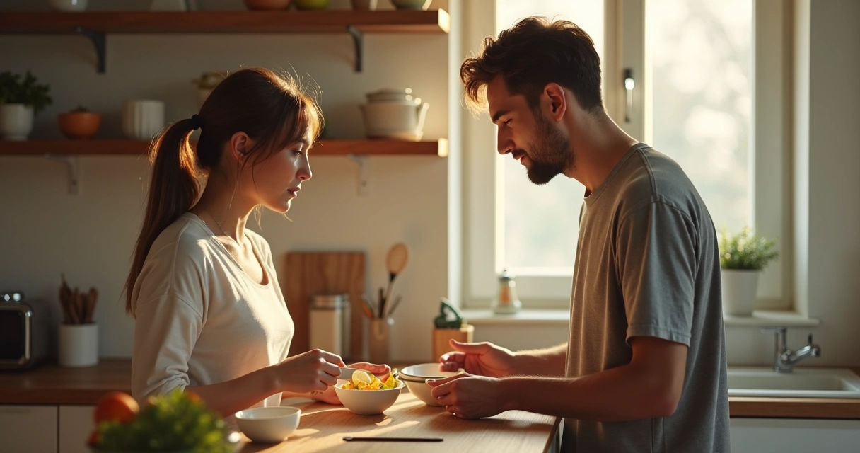 Adulto e adolescente conversando na cozinha