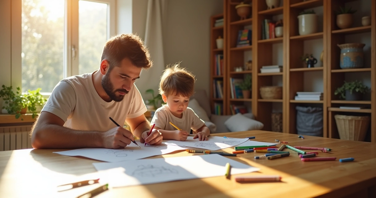Pai desenhando com filho pequeno na mesa da sala. 