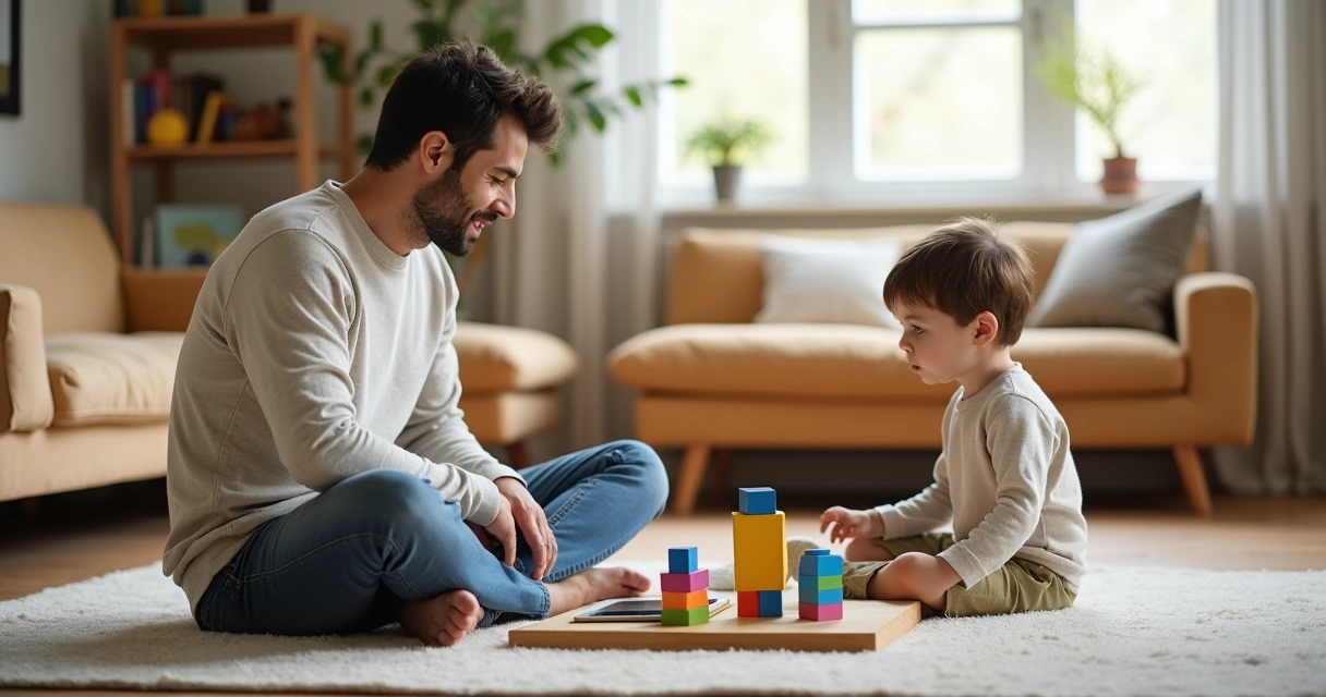 Pai sentado no chão ao lado do filho pequeno escolhendo um brinquedo com expressão calma e atenta 