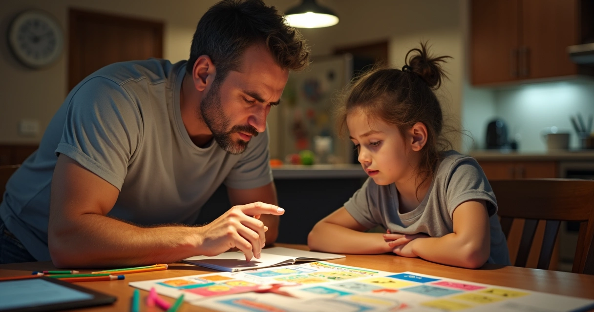 Pai e filho diante de mesa de estudos com clima de tensão moderada 