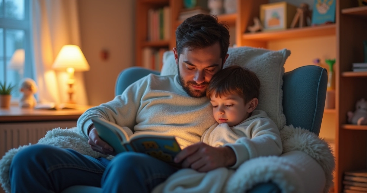 Pai sentado em poltrona lendo livro para filho pequeno em quarto infantil iluminado suavemente 