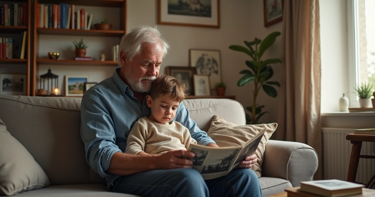 Homem e criança olhando fotos antigas juntos em uma sala
