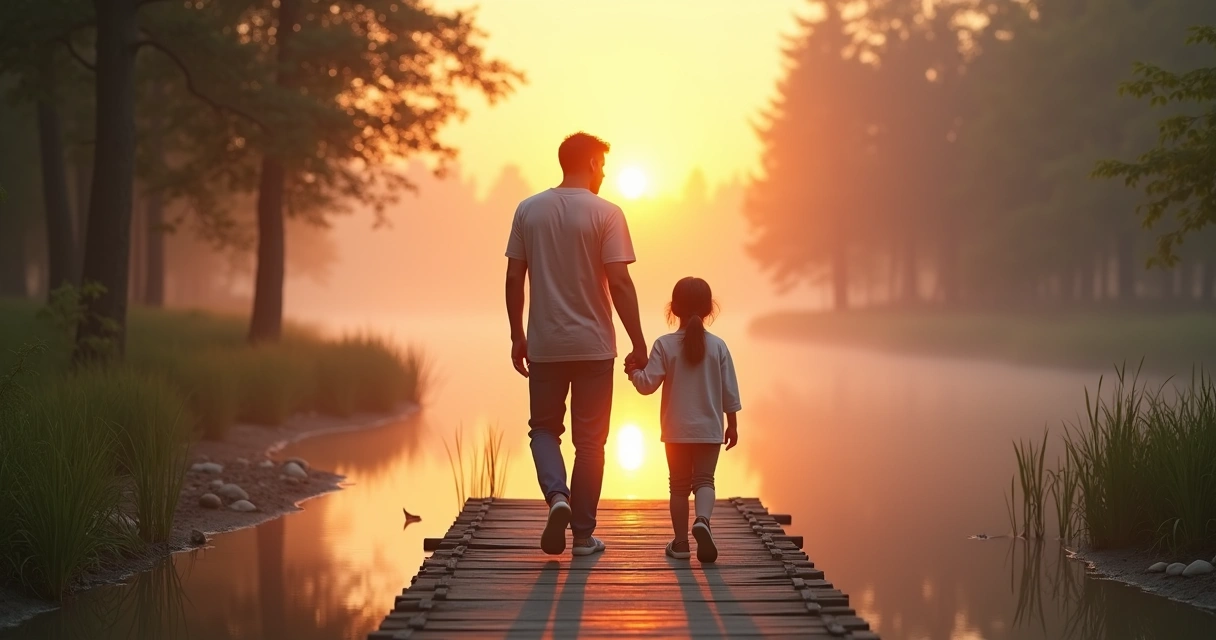 Pai e filho caminhando de mãos dadas sobre ponte de madeira ao pôr do sol 