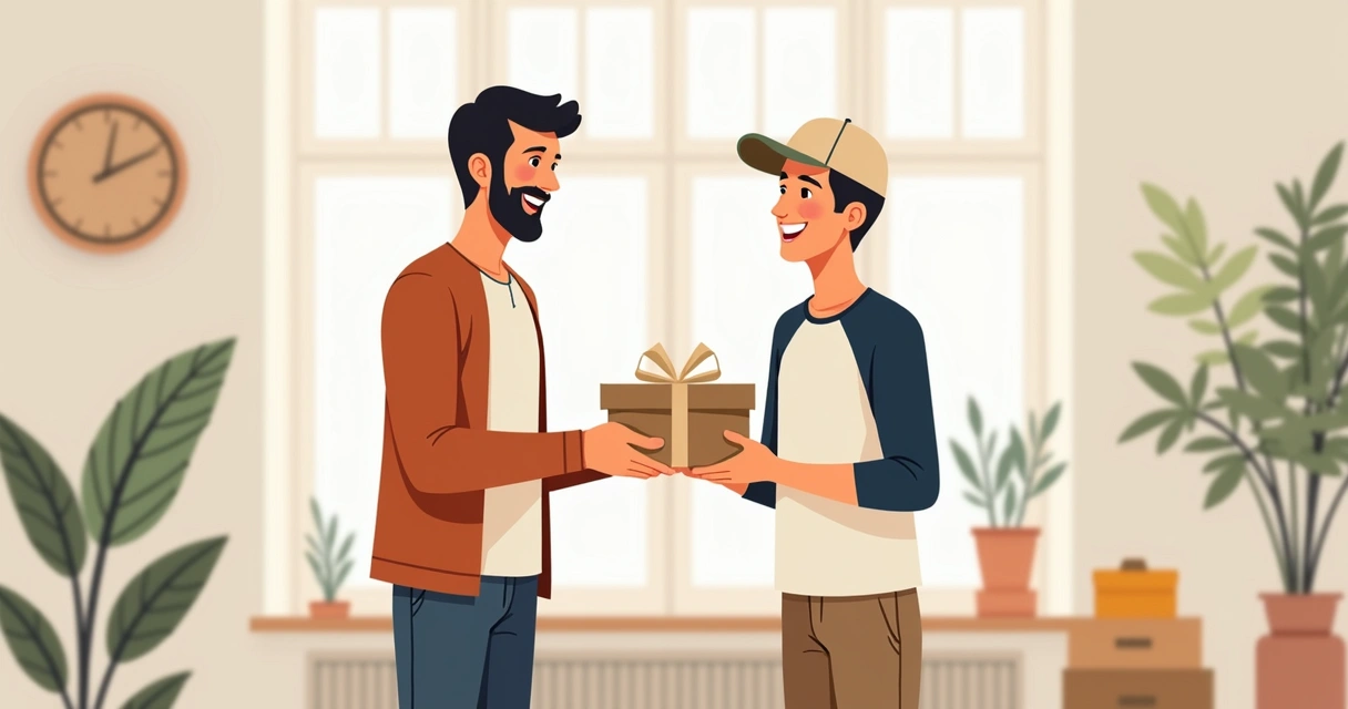 Pai e filho sorrindo, trocando presentes, ambos vestindo roupas casuais e estilosas em fundo claro