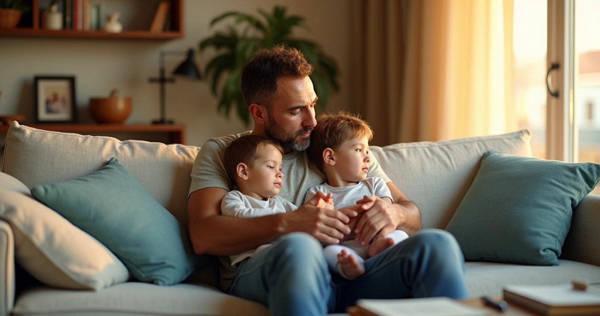 Pai abraçando dois filhos no sofá em sala iluminada ao pôr do sol 