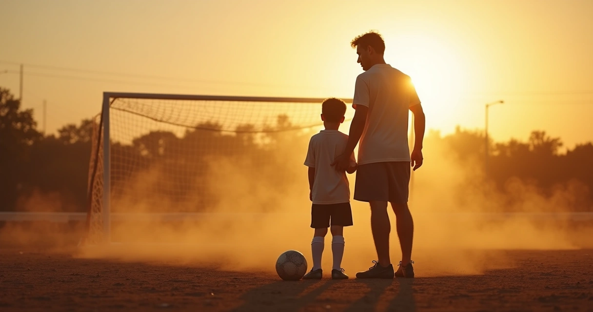 Pai ao lado do filho em treino de futebol em campo de terra 