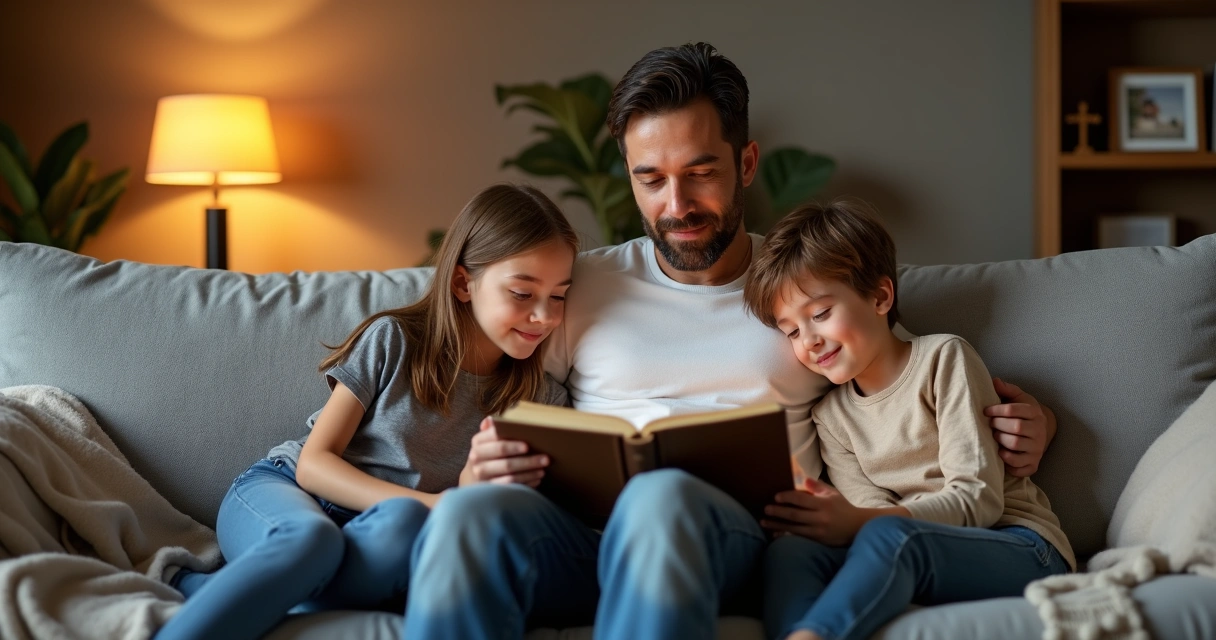 Pai cristão sentado no sofá lendo a Bíblia com dois filhos pequenos ao lado 