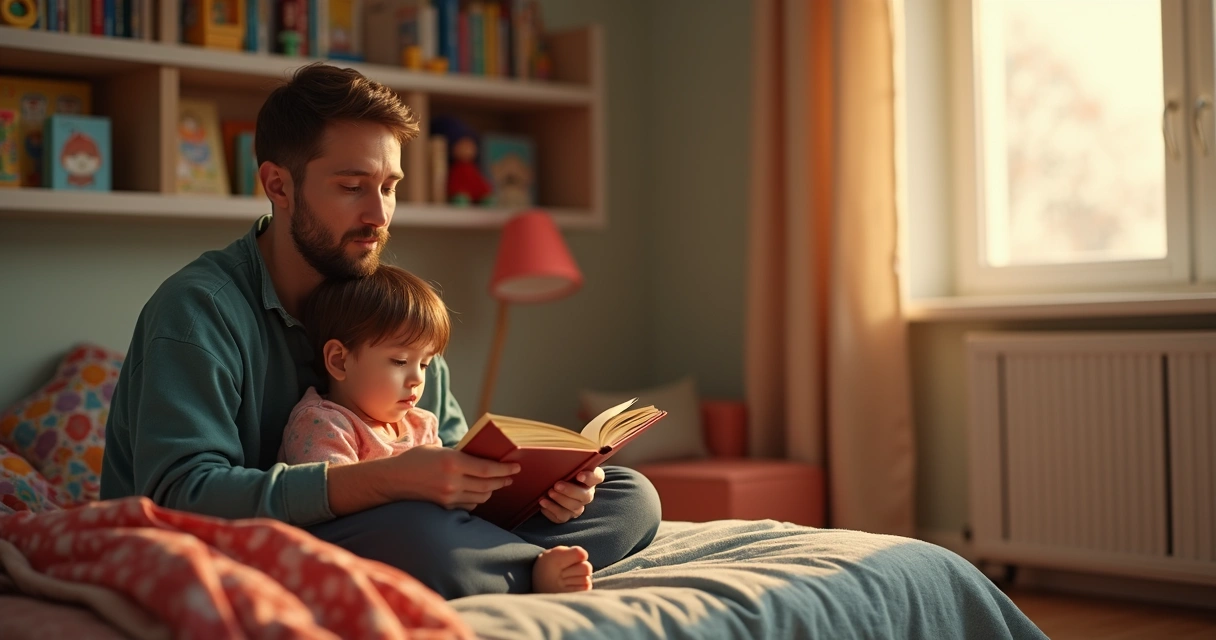 Pai lendo história para filho na cama 