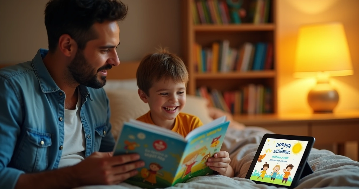 Pai preparando leitura noturna, segurando livro infantil enquanto criança sorri na cama 