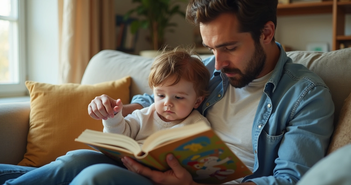 Pai lendo um livro ilustrado com uma criança 