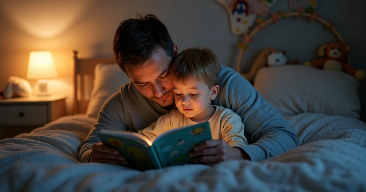 Pai lendo historinha para filho na cama com iluminação suave no quarto 