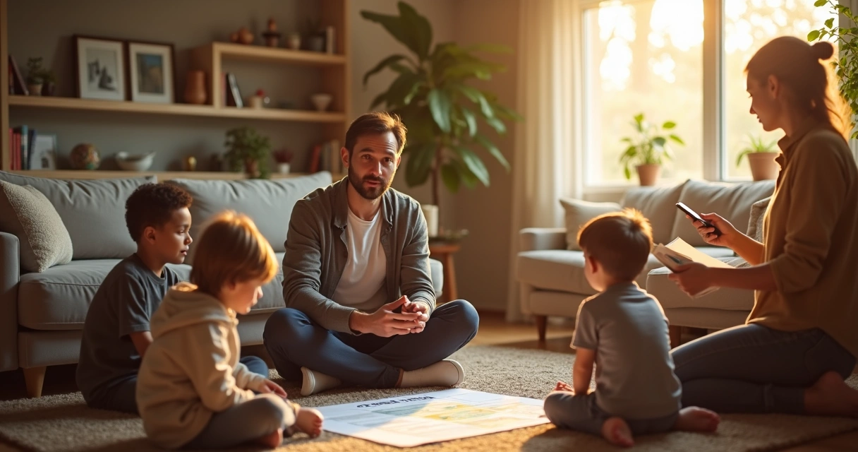 Pai em posição de liderança acolhedora guiando a família na sala de estar 