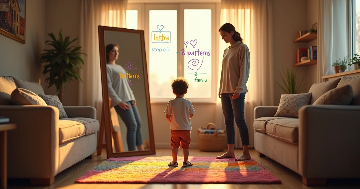 Pais com criança diante de espelho com desenhos representando autoconhecimento na família 